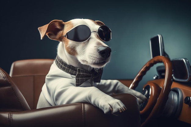 Jack russell cane con gli occhiali alla guida di un concetto di moda per auto d'epoca animali divertenti generativa ai
