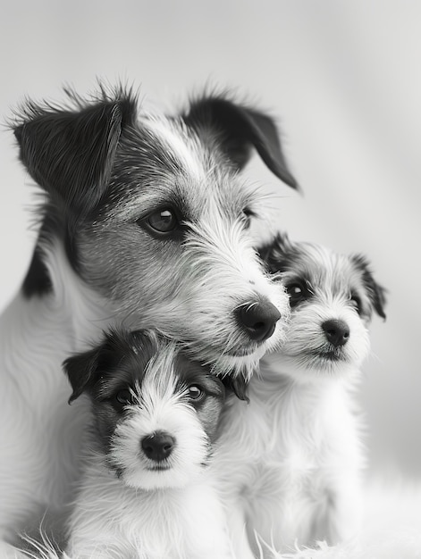 Jack Russell Terrier Adulto e cucciolo Ritratto Genitore e cuccino condividono un momento tenero in monocromatico