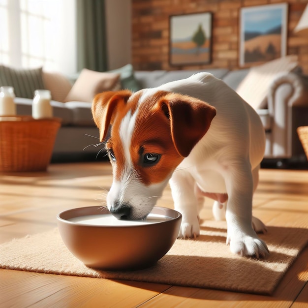 Jack Russell terrier cane che beve latte da una ciotola sul pavimento di parquet in salotto in una giornata di sole