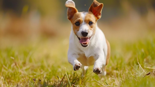 Jack Russell Terrier cane che corre cucciolo carino che corre all'aperto in una soleggiata giornata estiva AI Generative