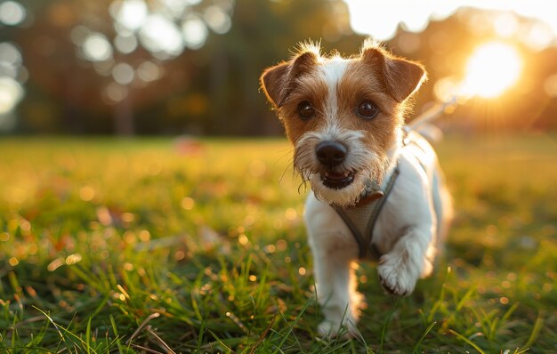 Jack Russell Terrier cane che corre nell'erba al tramonto