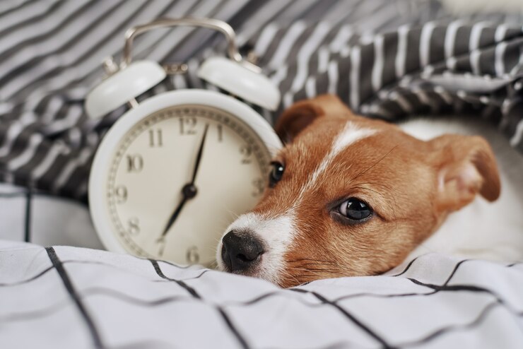 Jack russell terrier cane dorme nel letto con sveglia vintage. Sveglia e concetto di mattina