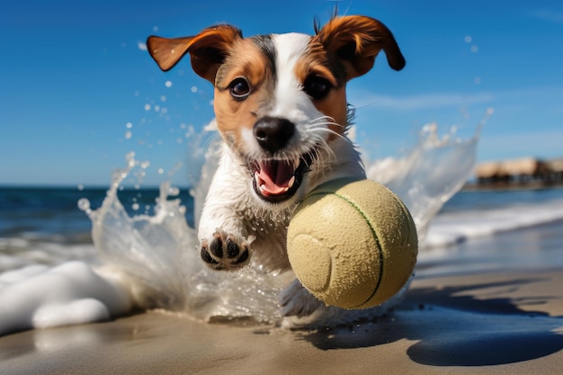 Jack Russell terrier che gioca con una palla da tennis sulla riva di uno stagno.