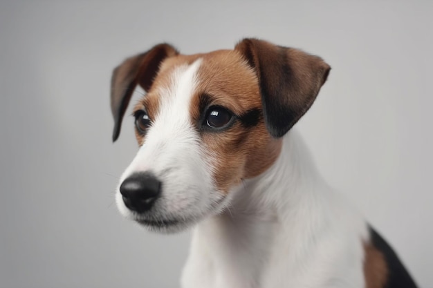 Jack russell terrier cucciolo da vicino su bianco copyspace studio girato