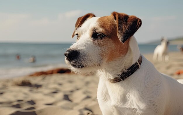 Jack Russell Terrier è seduto sulla spiaggia pubblicità professionale post foto ai generato