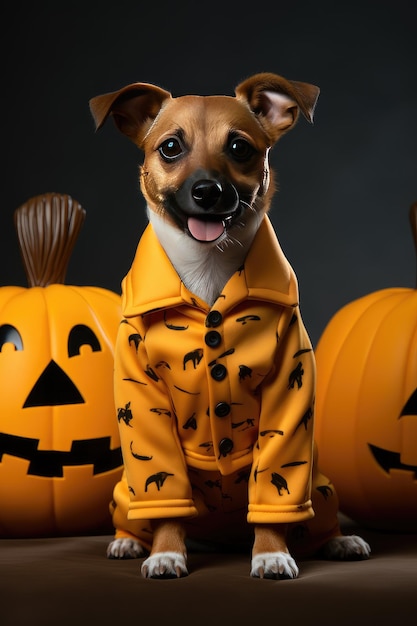 Jack russell terrier in costume di halloween con jack o lanterne IA generativa