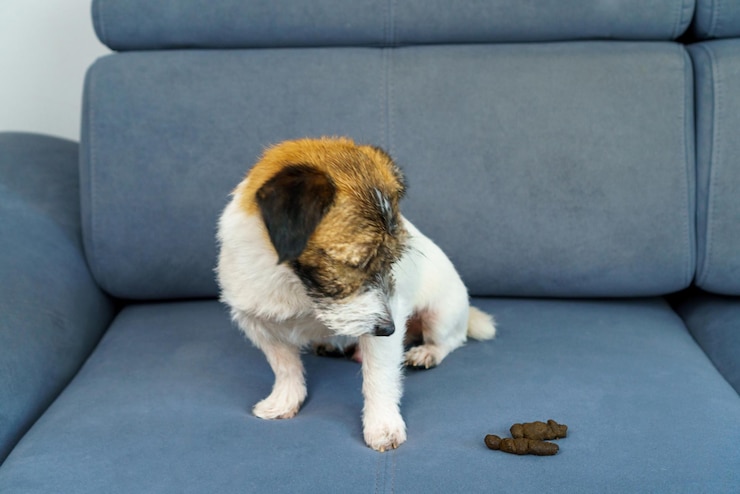 Jack Russell Terrier in primo piano cane ha fatto un casino a casa lasciato da solo a cacare sul divano senza il proprietario