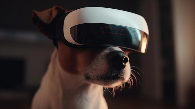 Jack Russell Terrier indossa un visore VR davanti a un appartamento generato dall'intelligenza artificiale