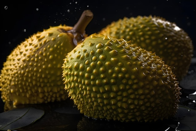 Jackfruit con spruzzi d'acqua su sfondo scuro ai generativo