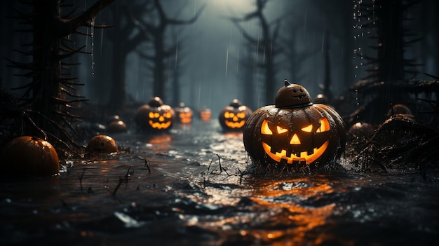 Jacko'Lanterns in una foresta spettrale IA generativa