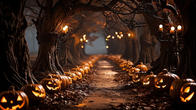 Jacko'Lanterns in una foresta spettrale IA generativa