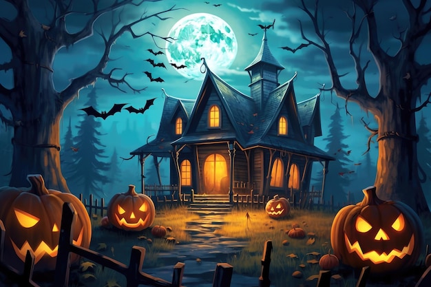 Jackolanterns davanti alla casa infestata Halloween Illustrazione AI generativa