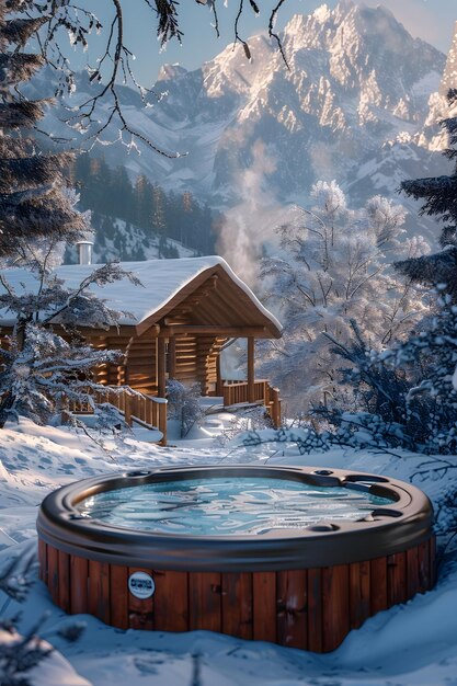 Jacuzzi su una montagna innevata accanto a una capanna di legno