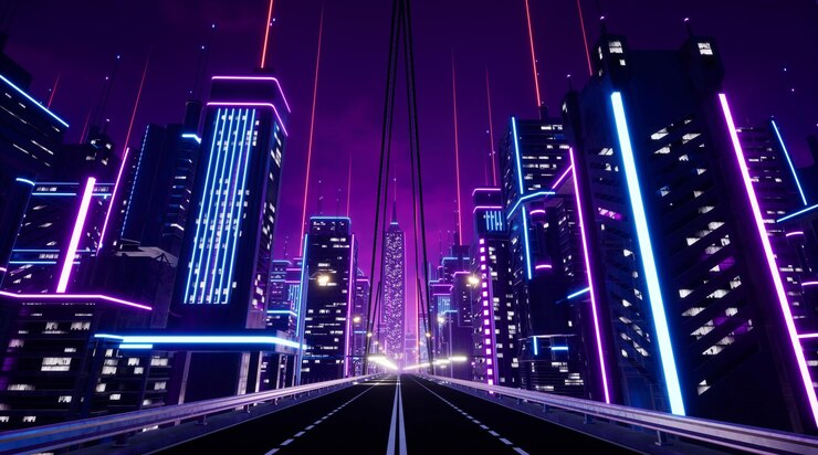 Jalan raya di kota metaverse render 3D
