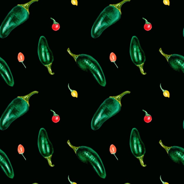 Jalapeno e peperoncini piccanti motivo acquerello senza cuciture isolato su oscurità