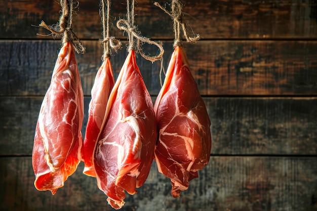 Jamon appeso a un gancio Foto di produzione tradizionale della fattoria