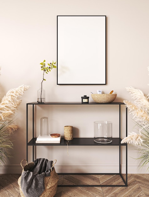 Japandi boho beige corridoio interno con console nera e sfondo vegetale verde luce moderna