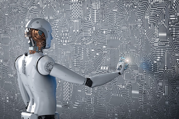 Jari robot render 3D menunjuk pada latar belakang papan sirkuit