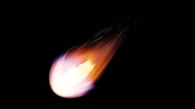 Jatuhnya asteroid atau komet ke bumi, Armageddon, bencana, bahaya meteorit Komet berapi-api besar terbang di luar angkasa menuju Bumi, render 3D