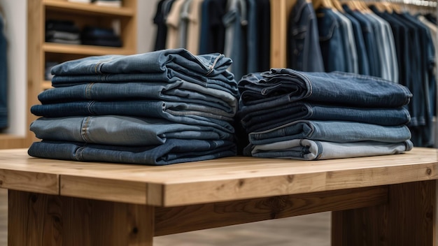 Jeans di denim accuratamente impilati sugli scaffali