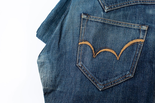 Jeans in denim blu con banner texture cucitura con spazio per la copia per lo sfondo del design del testo Jeans in tela denim moda e trama tascabile Banner di moda panoramica