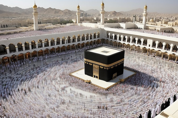Jeddah Arabia Saudita 27 febbraio 2023 Pellegrini musulmani alla Kaaba nella Moschea Haram della Mecca Arabia Saudita al mattino eseguendo l'umrah