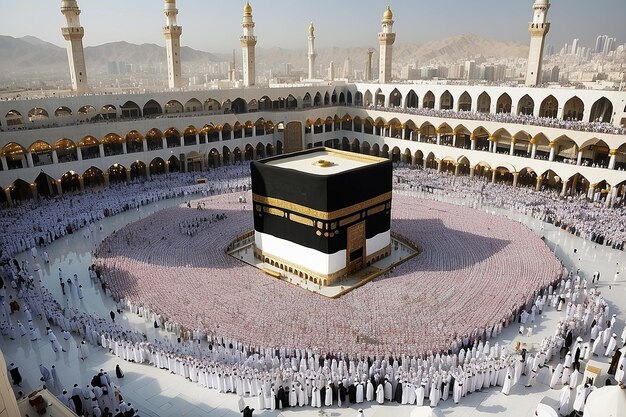 Jeddah Arabia Saudita 27 febbraio 2023 Pellegrini musulmani alla Kaaba nella Moschea Haram della Mecca Arabia Saudita al mattino eseguendo l'umrah