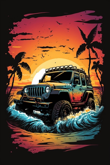 Jeep araba che guida attraverso l'oceano con palme sullo sfondo ai generativo