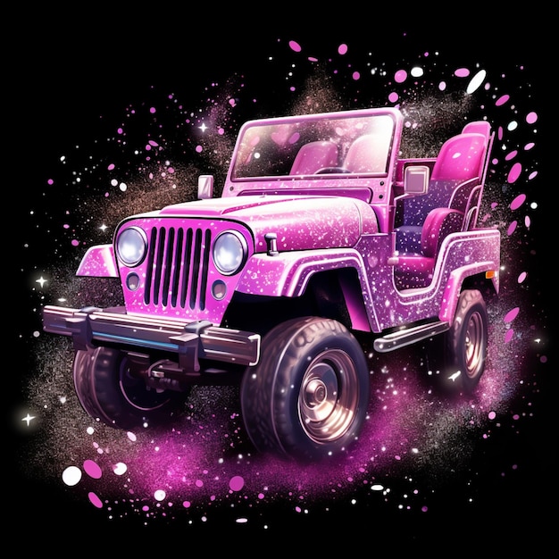 jeep viola con spruzzi di vernice rosa sul cofano e sul paraurti anteriore