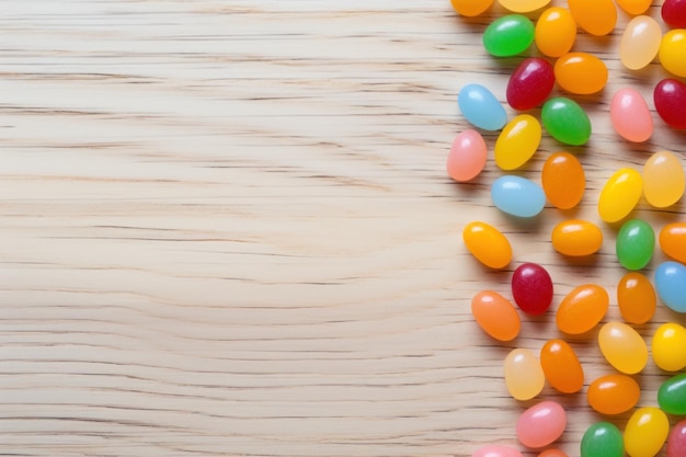 Jelly beans colorati disposti in un disegno primaverile su uno sfondo di legno chiaro