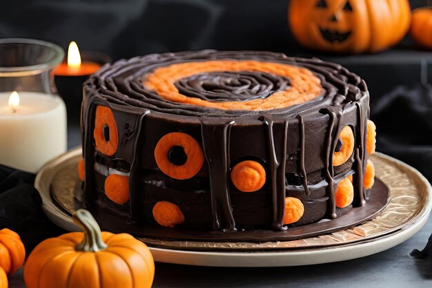 Jelly roll a tema Halloween Torta festiva adornata con zucche caramellate a glassa arancione nero