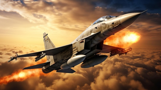 Jet da combattimento in azione con fuoco ed esplosione sullo sfondo