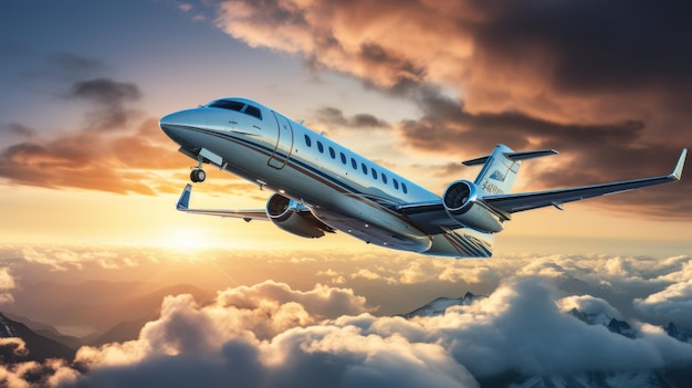Jet privato che vola nel cielo blu con nuvole bianche sullo sfondo Concetto di viaggio d'affari con luce al tramonto