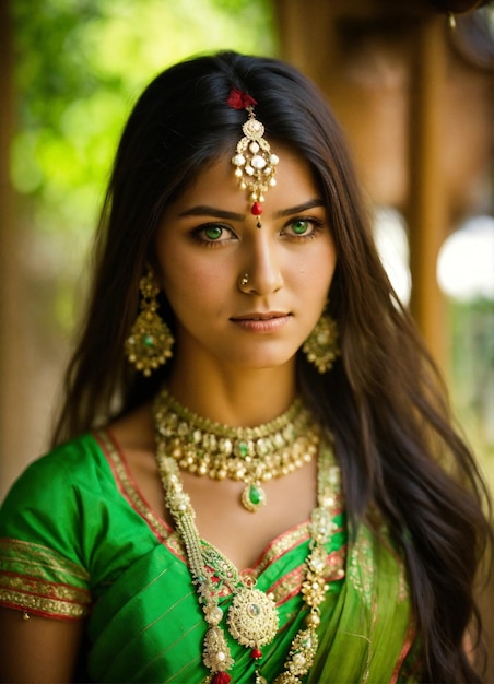 Jeune femme indienne habit traditionnel vert trs capelli lunghi les yeux vert fond flou