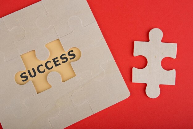 Jigsaw Puzzle Pieces con testo Success su sfondo rosso