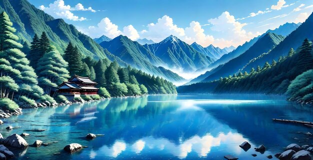 Jiuzhaigou anime disegno stile linea arte disegnato a mano ai generativo