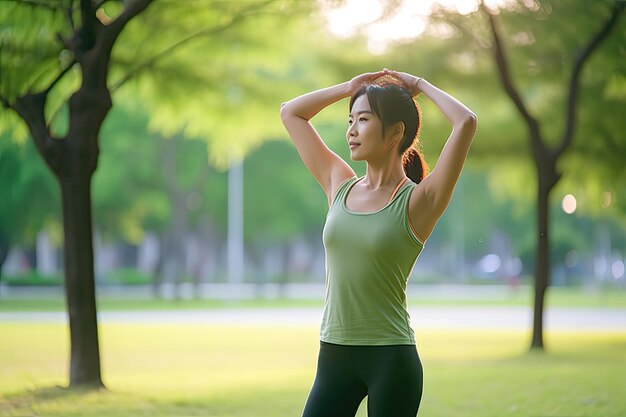 Jogger femminile donna asiatica energica in abbigliamento verde che si allunga i muscoli nel parco prima di correre