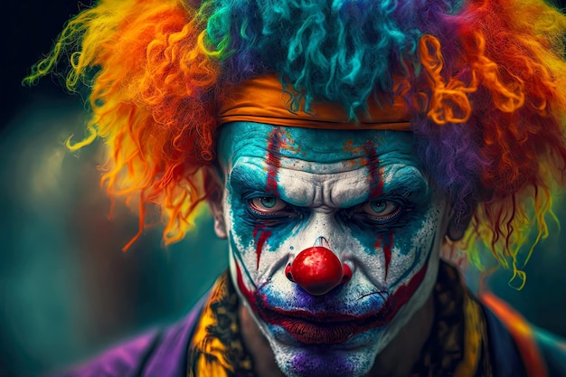 Joker clown colorato con aspetto stanco in parrucca e trucco