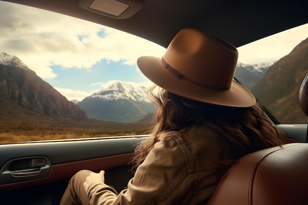 Journey Bliss Donna con il cappello affascinata dalla maestà della montagna