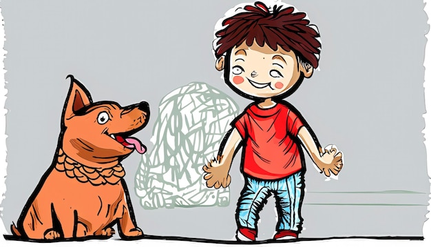 Joyful Bond HandDrawn Cartoon Illustrazione di un bambino e di un cane che si diverte insieme a Simple