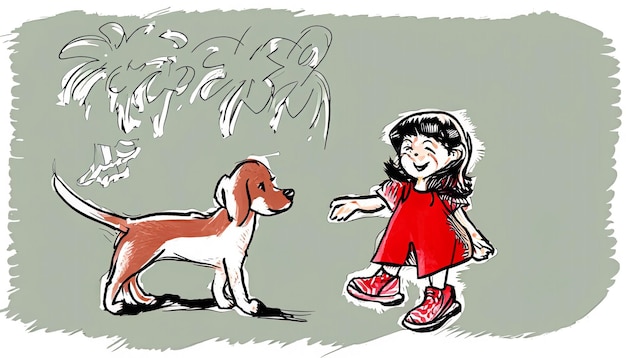 Joyful Bond HandDrawn Cartoon Illustrazione di un bambino e di un cane che si diverte insieme a Simple