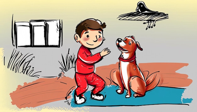 Joyful Bond HandDrawn Cartoon Illustrazione di un bambino e di un cane che si diverte insieme a Simple