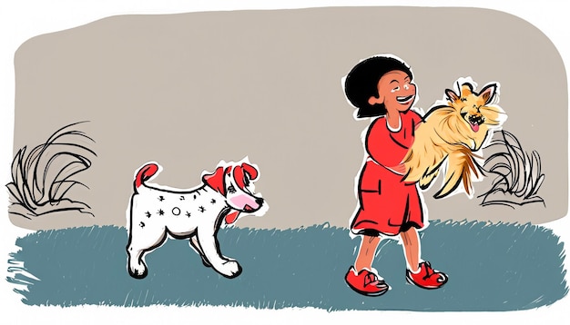 Joyful Bond HandDrawn Cartoon Illustrazione di un bambino e di un cane che si diverte insieme a Simple