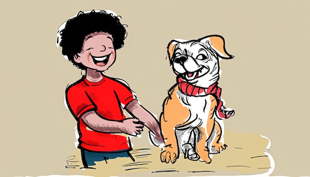 Joyful Bond HandDrawn Cartoon Illustrazione di un bambino e un cane che si divertono insieme con Simple