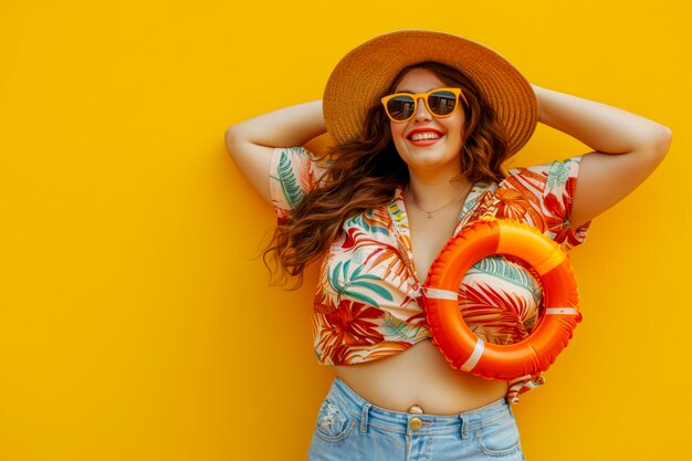 Joyful Plus Size Woman diffonde la felicità nelle vacanze estive Playful Curvy Girl in casual beach outfit ballando con Orange Beach Ring su sfondo giallo soleggiato Holiday Fun Concept