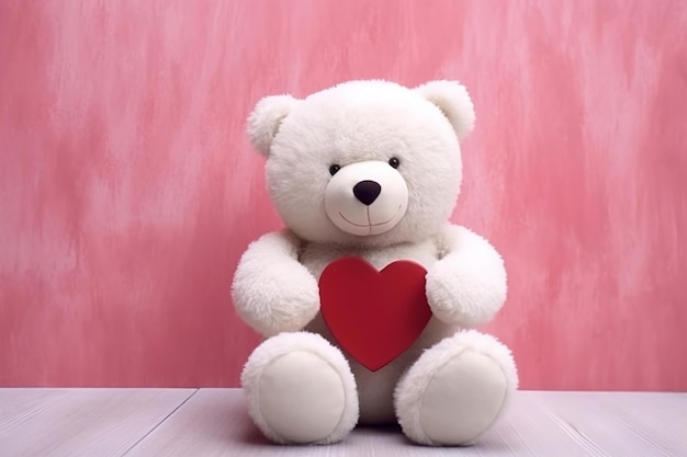 Joyful White Teddy Bear seduto e abbracciando un cuore rosso AI