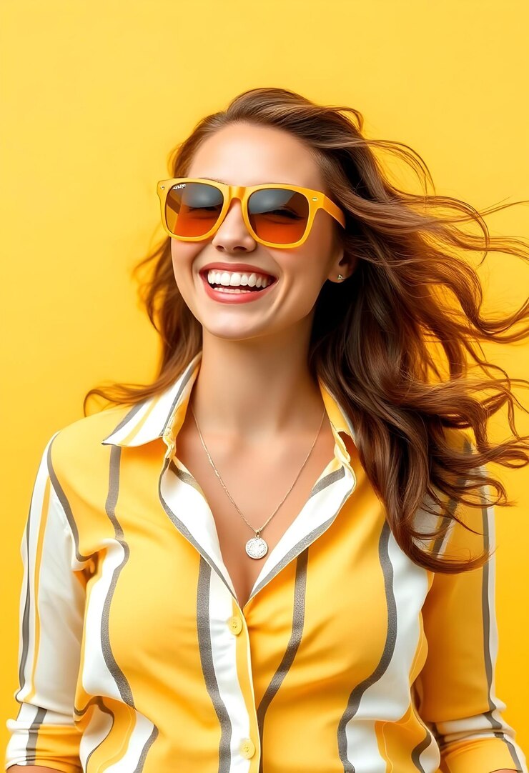 Joyful Woman in Yellow Sunglasses