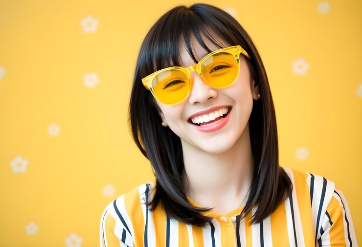Joyful Woman in Yellow Sunglasses