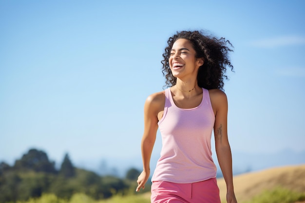 Joyful Young Woman in Casual Tank Top contro uno sfondo blu cielo