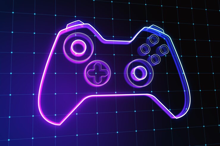 Foto joystick creativo o ologramma del gamepad su sfondo sfocato di griglia viola giochi esport e concetto di divertimento rendering 3d